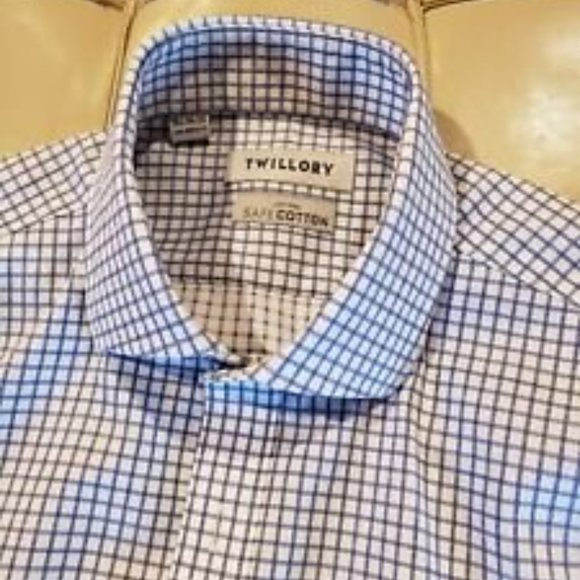 Twillory Shirt 15.5 34/35 Non Iron Safe Cotton Tailored Fit Navy Windowpane - Picture 3 of 3